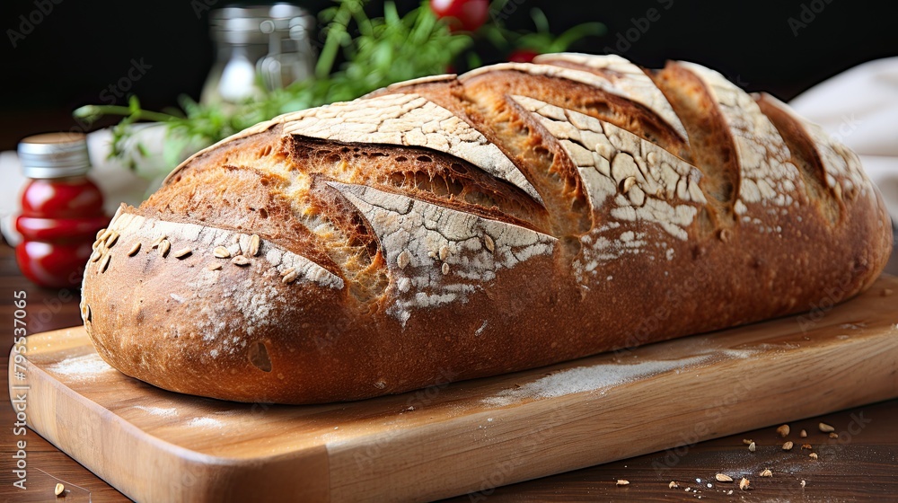 Fresh rye bread or whole grain bread on a wooden board. Healthy eating