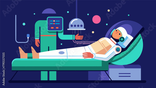 In a sterile clinical room an astronaut lies on a futuristic bed as scientists use electrodes and brain scans to monitor their neural activity while.