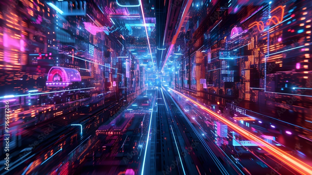 walls wrapped in digital binary codes with blue lights in the technology gateway walls wrapped in digital binary codes with blue lights in the technology gateway