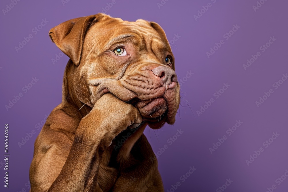 Majestic Bordeaux Mastiff pondering with chin rested on paw, against a plain purple background highlighting the breed's thoughtful demeanor