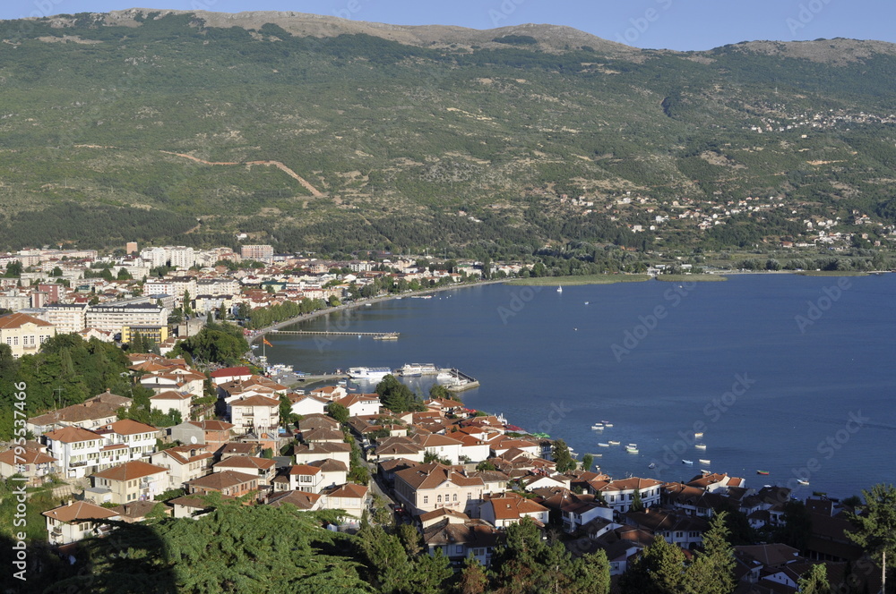 View of city of Ohrid, which is famous for its UNESCO listed historical center and beautiful lake and small port.