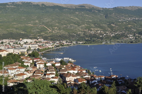 View of city of Ohrid, which is famous for its UNESCO listed historical center and beautiful lake and small port.