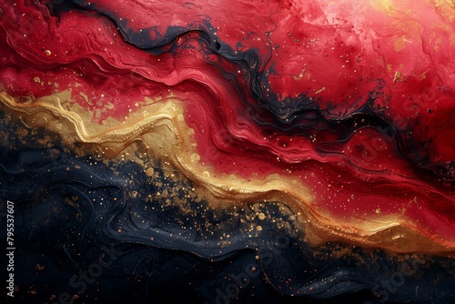 A minimalist background with swirls of black, gold, and red in a dark scarlet and light gold style painting photo