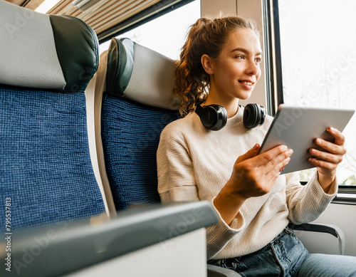 Young woman sitting travelling by train with tablet and music headphones © OceanProd