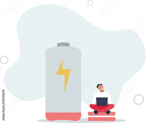 fatigue and tired businessman with low battery sign.flat vector illustration.