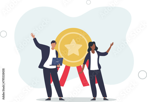 success businessman and businesswoman professional stand with star award.flat vector illustration.
