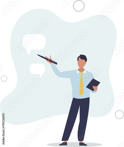 confidence businessman taking note in the meeting while listen to others.flat vector illustration.