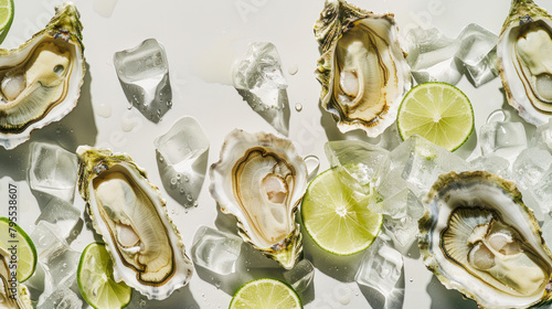 Oysters with limes and ice on table