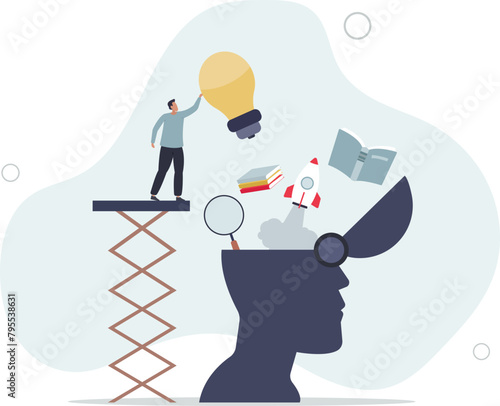 man putting light bulb ideas, books and rocket booster into human head to upgrade working skill.flat vector illustration.