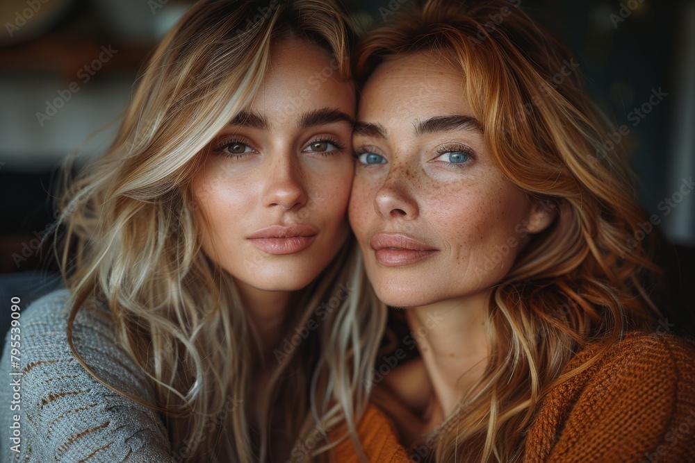 Portrait of two blond women with blue eyes and striking features sharing a close moment Portrait of two blond women with blue eyes and striking features sharing a close moment