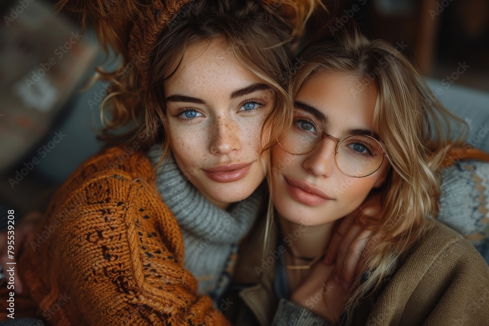 Fototapeta premium Two women with intense blue eyes and casual wear share a close, affectionate moment