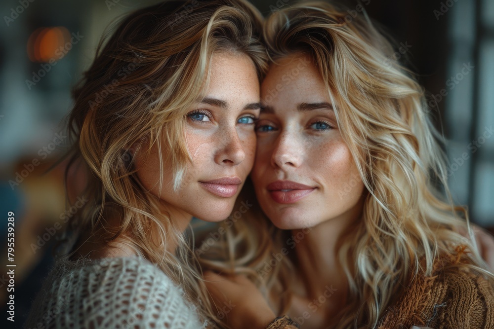Two identical twin sisters with striking blue eyes and blonde hair are captured in a close-up portrait