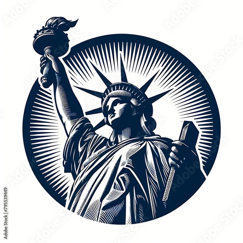 Blue liberty engraving. Statue silhouette logo