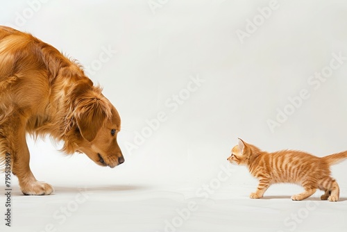 Playful encounter between a Golden Retriever and a tabby kitten on a white background, Concept of animal friendship and lighthearted pet interactions