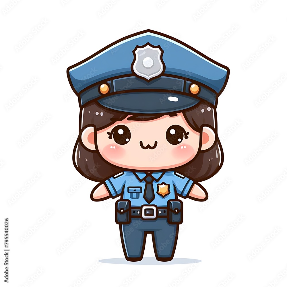Cute policeman standing with arms on back cartoon character. People profession concept design. Isolated white background. Vector art illustration. Adorable chibi flat cartoon style Cute policeman standing with arms on back cartoon character. People profession concept design. Isolated white background. Vector art illustration. Adorable chibi flat cartoon style