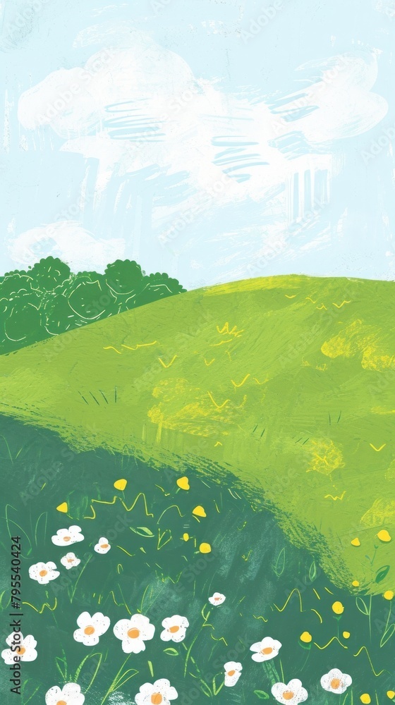 Fototapeta premium Cute field illustration grassland outdoors nature.
