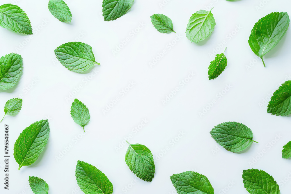 Group of green mint leaves on white surface Group of green mint leaves on white surface