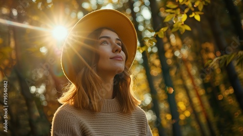 A young woman is standing in a forest looking up at the sun. She is wearing a brown sweater and a yellow hat. The sun is shining through the trees.

