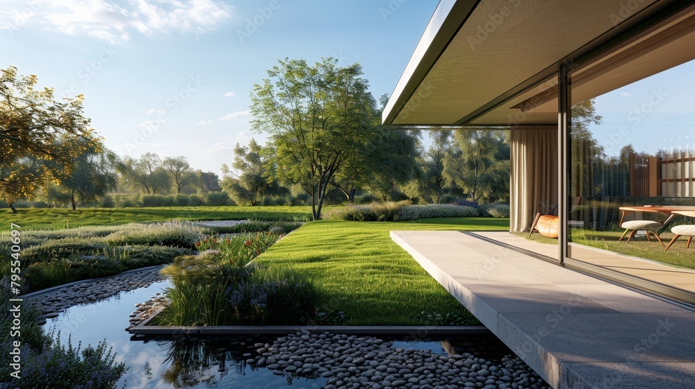 Fototapeta premium Tranquil Parkside Modernity. Generative AI.