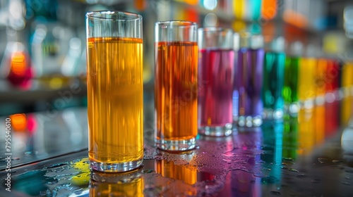 Multicolored Liquid Test Tubes on Wet Surface photo