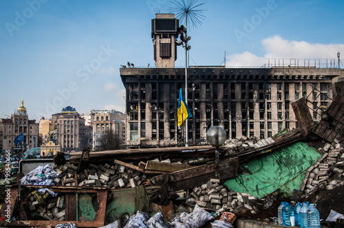 Maidan 2014 revolution demonstration Euromaidan in Kyiv. Ukrainian barricade for freedom. Governmental opposition. Rebellion war and crisis. Flag