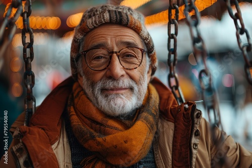 An older man wearing a winter hat and scarf exhibits a cheerful demeanor against a festive fairground background
