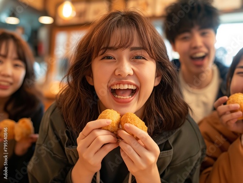 A girl is smiling and holding up two pieces of food. The other people in the image are also smiling and eating food. Scene is happy and lighthearted