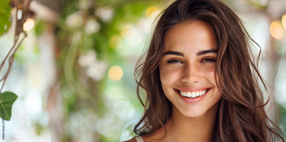 Portrait of a joyful young woman smiling with beautiful teeth, bokeh and greenery background Portrait of a joyful young woman smiling with beautiful teeth, bokeh and greenery background