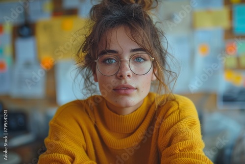 A young woman with messy bun and glasses looks thoughtfully at the camera, surrounded by a creative workspace