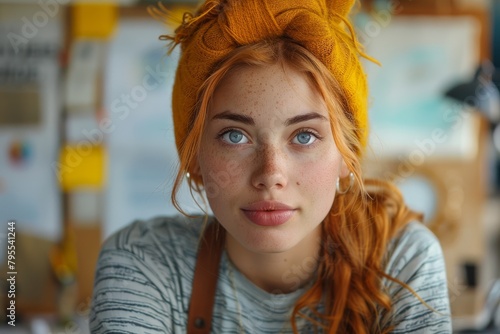 A portrait of a redhead young woman with captivating blue eyes wearing a headband and thoughtful expression