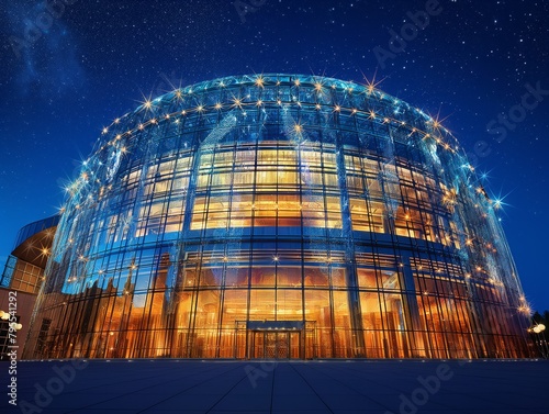 A large building with a lot of glass windows and lights. The building is lit up at night photo