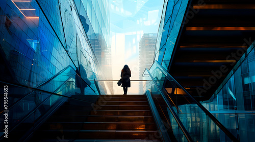 Mujer subiendo unas escaleras en el centro financiero entre rascacielos y edificios de oficinas