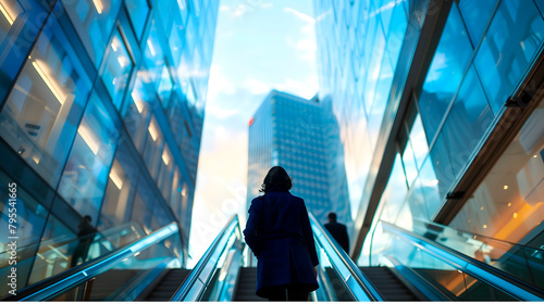 Mujer subiendo unas escaleras en el centro financiero entre rascacielos y edificios de oficinas photo