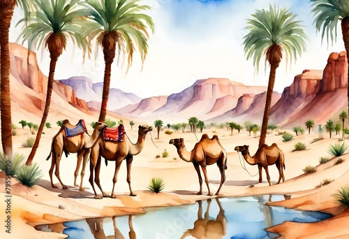 Camels in the desert watercolour painting 