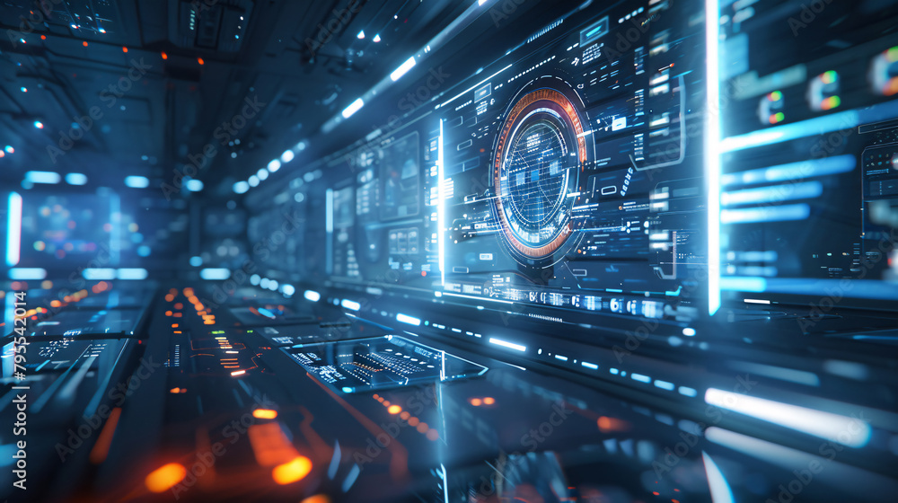 Perspective view of a futuristic corridor lined with advanced neural network interfaces, radiating a cool, digital ambiance. Perspective view of a futuristic corridor lined with advanced neural network interfaces, radiating a cool, digital ambiance.