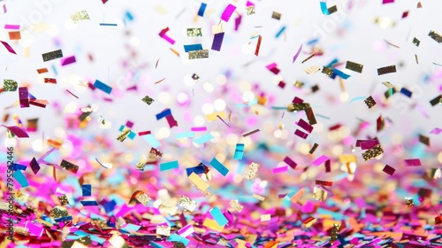 A colorful explosion of confetti is falling from the sky. The confetti is in various colors and sizes, creating a festive and celebratory atmosphere