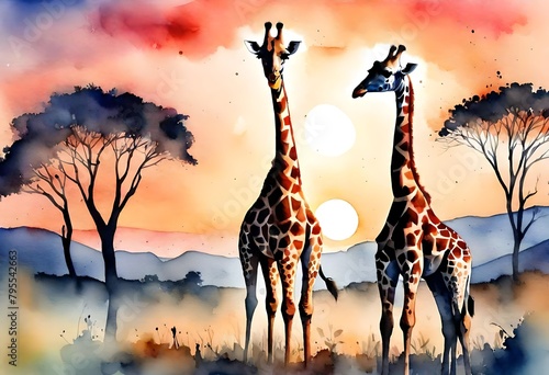 giraffe in the sunset and tree painting 