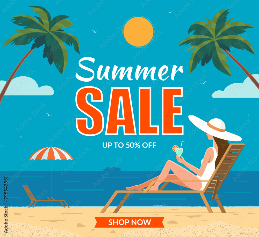Fototapeta premium Summer sale poster, banner. Tropical landscape with a young woman in chaise lounge on the beach. Vector illustration in flat design style. Summer vacation, travel and seasonal sale concept.