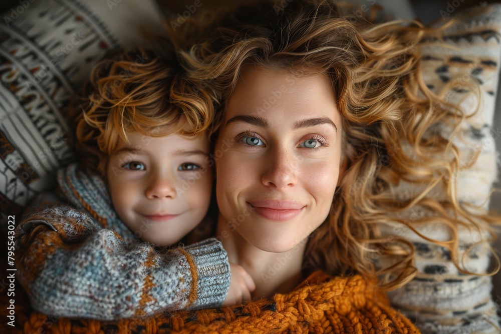 A happy woman lies down with her son, both sharing a warm embrace A happy woman lies down with her son, both sharing a warm embrace