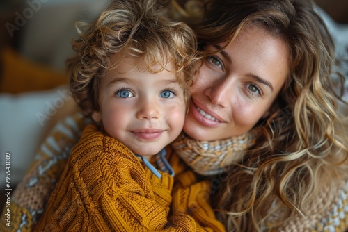 Portrait of a smiling woman and child in matching yellow knitwear close together