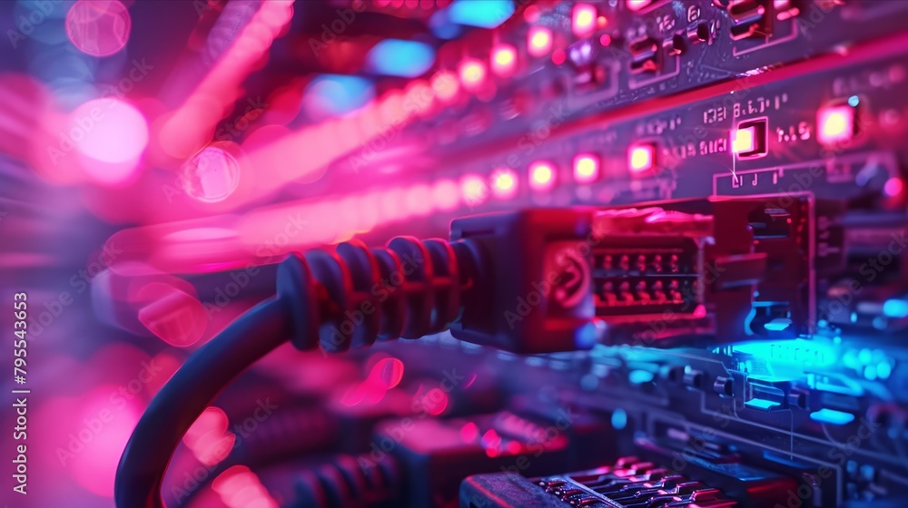Network cables plugged in a server rack with glowing lights Network cables plugged in a server rack with glowing lights