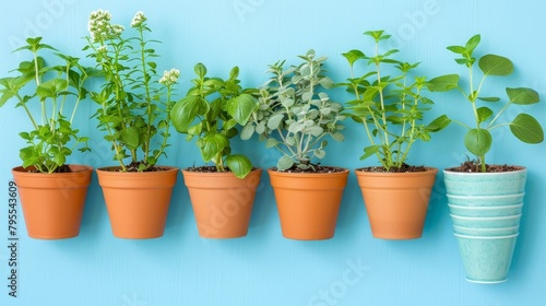  A row of potted plants atop a blue wall Parallel to it, another row of potted plants