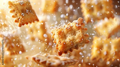   A tight shot of cookies mid-air, dusted with white sugar, and adorned with sugared sprinkles atop photo