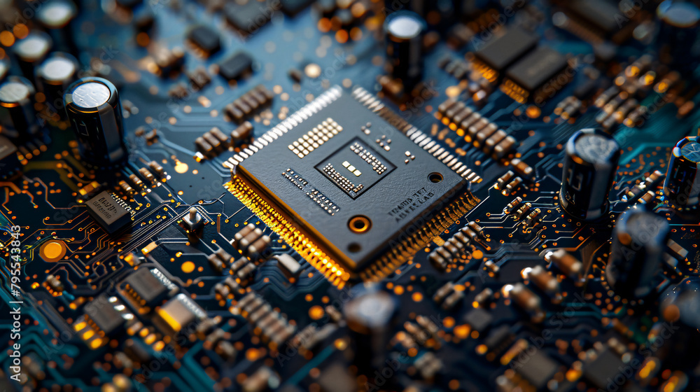 Close-up microprocessor chip set amidst the intricate landscape of an electronic circuit board. Close-up microprocessor chip set amidst the intricate landscape of an electronic circuit board.