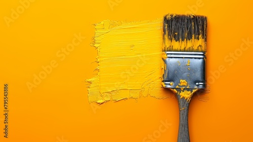  A paint brush with yellow paint sagging to one side is centrally framed against a yellow wall background