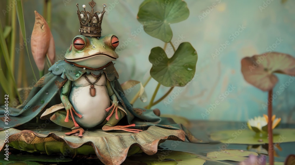 Dapper frog prince, crown and cape, regal pose, lily pad throne, Beatrice Alemagna s whimsy - obrazy, fototapety, plakaty 