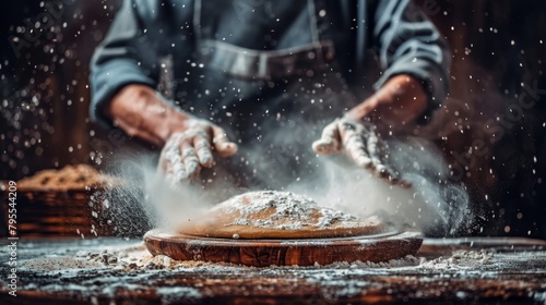  A baker tops a loaf of bread on a floured wooden board, delicately sprinkling sugar