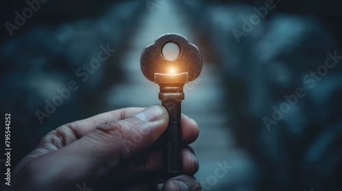   A person grasps a key with a glowing keyhole in its center photo