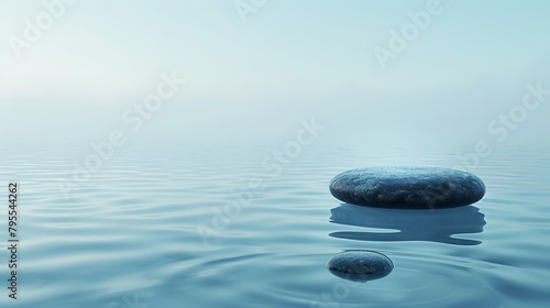   A rock perched atop the water s surface  adjacent to a submerged rock within the body