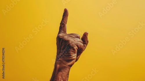  Person's hand forming peace sign with middle finger elevated against yellow backdrop